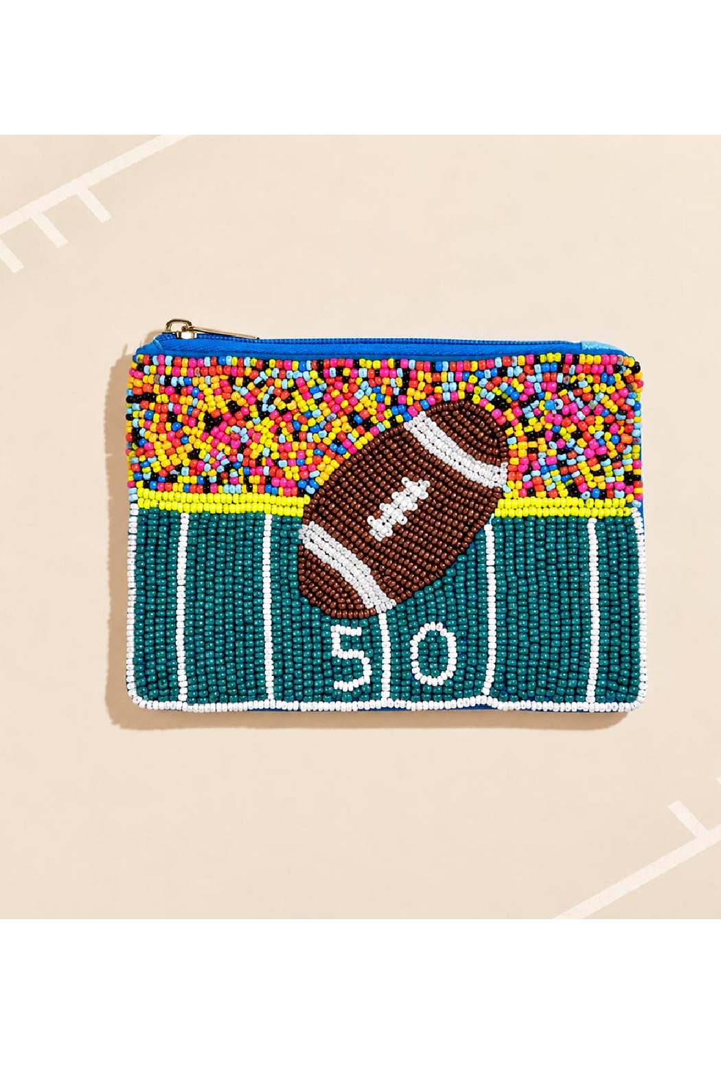 Beaded pouch with multicolor bead football design and 50 yard line front