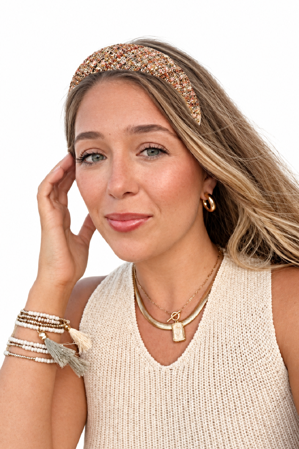 Camel tweed headband with multicolor jewel-tone knit band