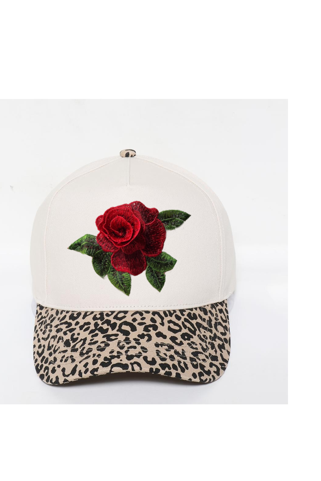 Embroidered Rose Leopard and Ivory Cap
