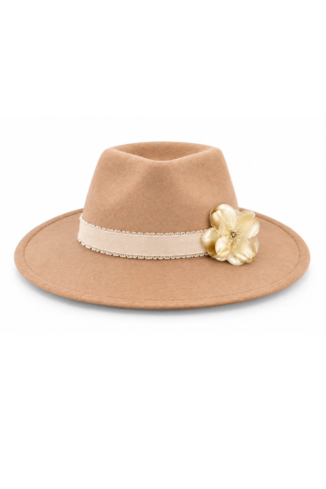 Classic fedora hat in tan with ivory band and cream fabric flower detail