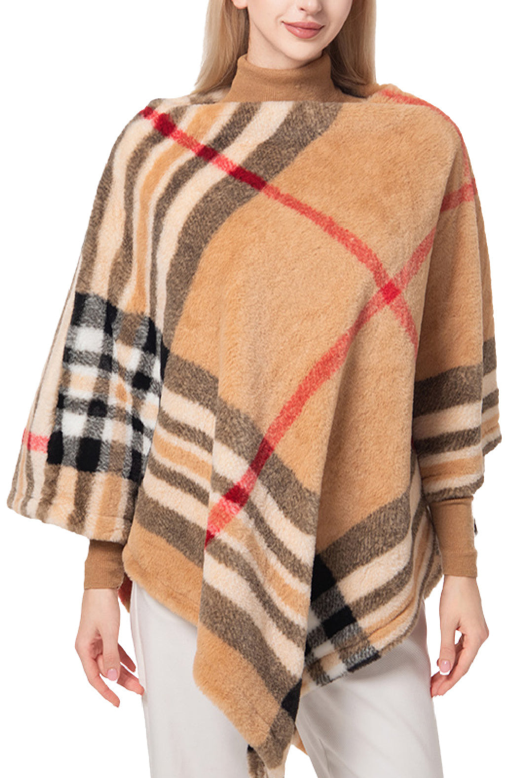 Beige Plaid Poncho