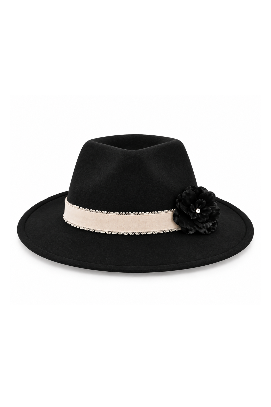 Classic fedora hat in black with ivory band and dark fabric flower pin