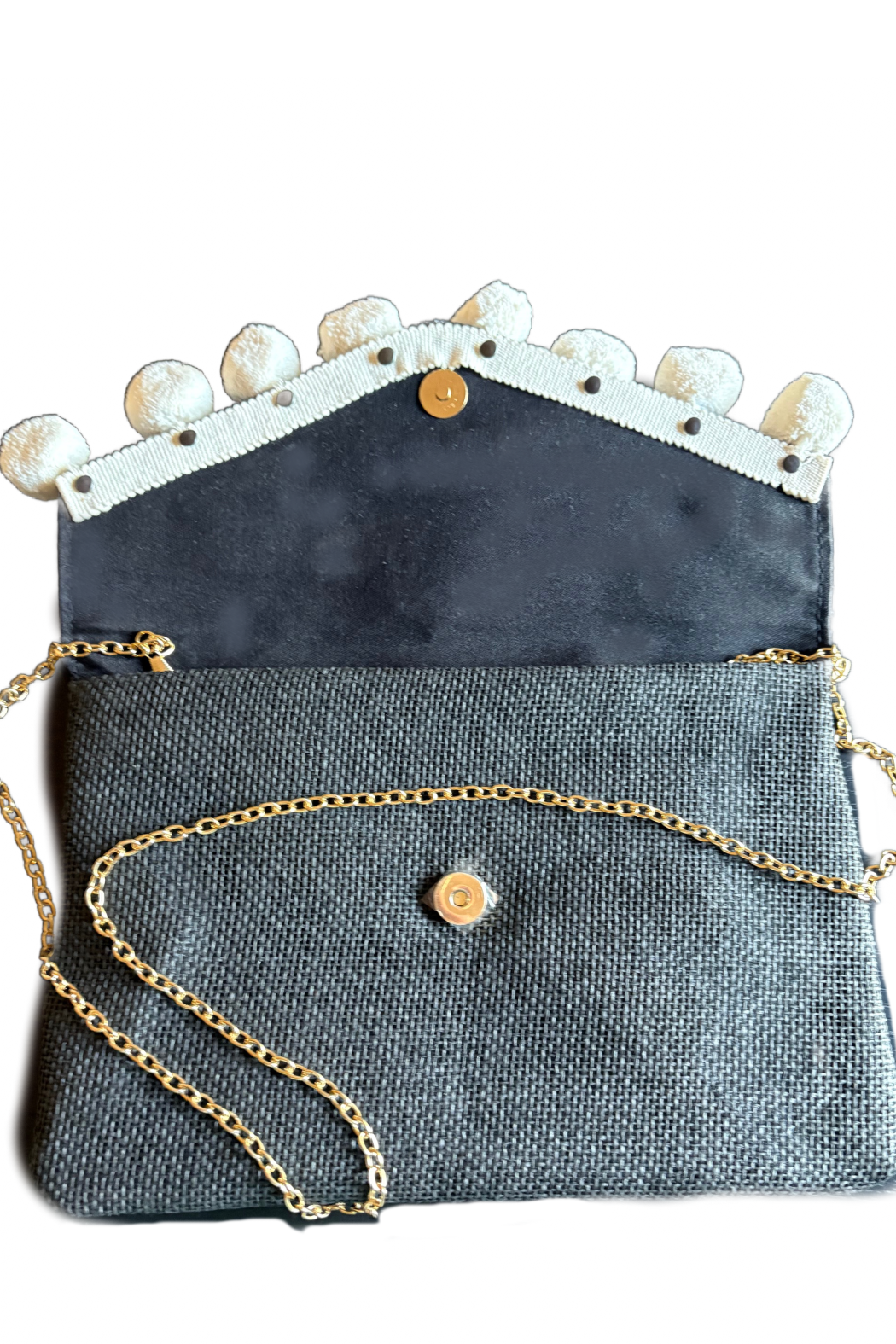 Black Linen Pompom Clutch Crossbody Bag