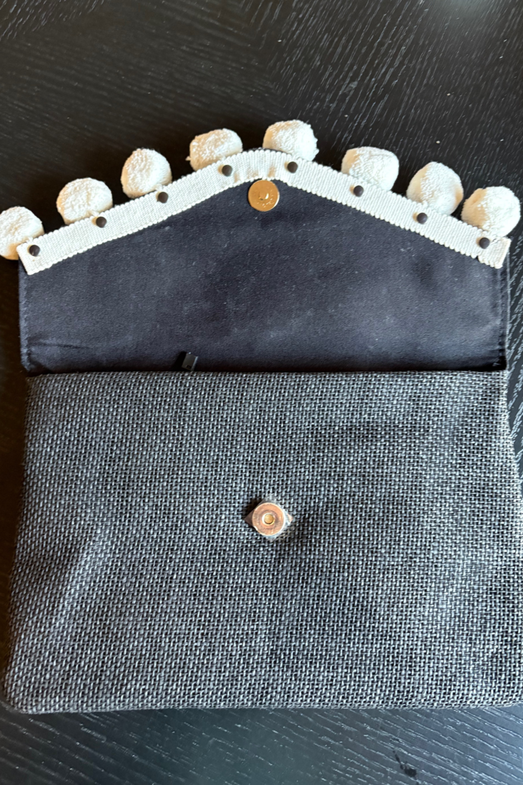 Black Linen Pompom Clutch Crossbody Bag