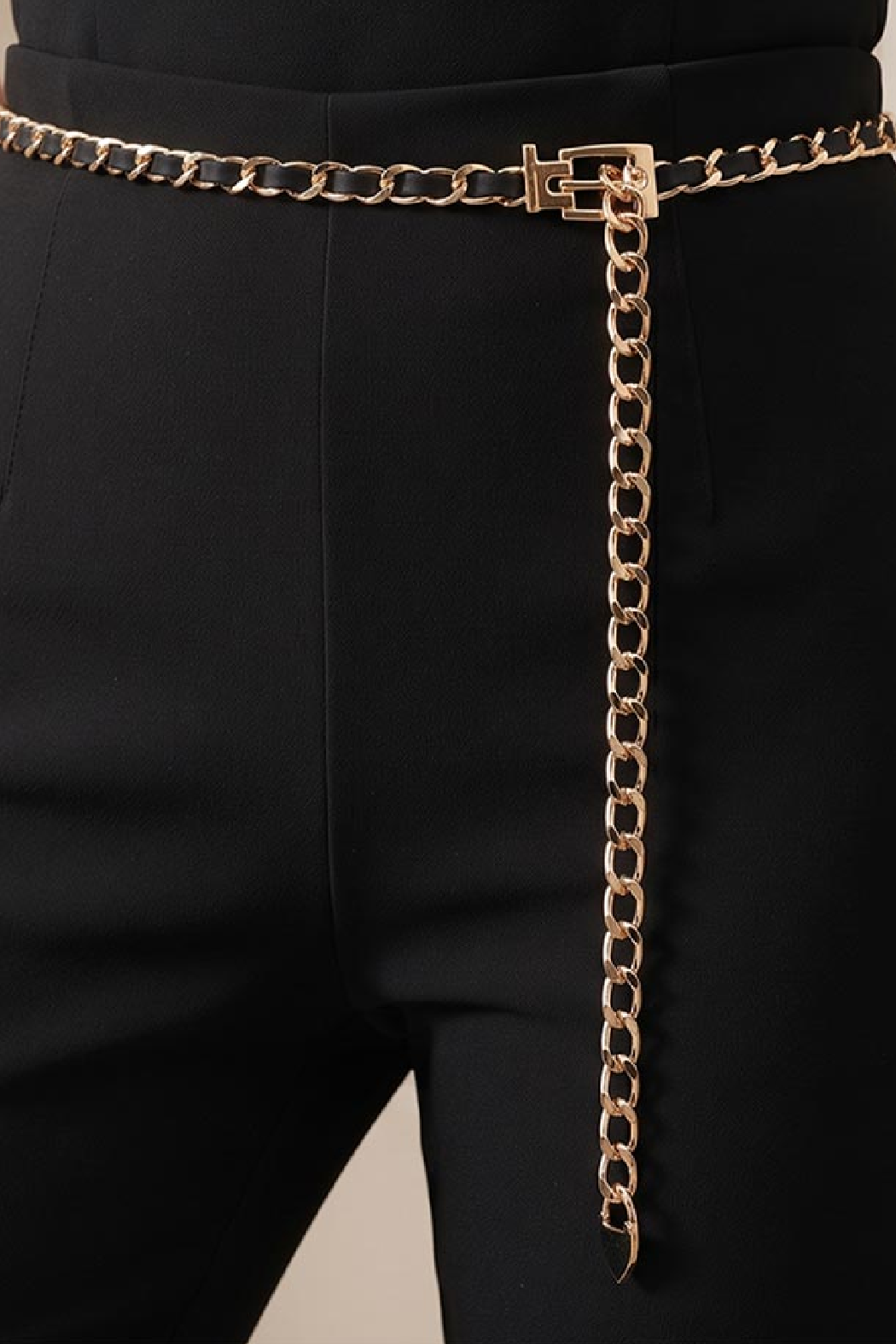Gold-tone chain belt with square buckle and dangling chain drop