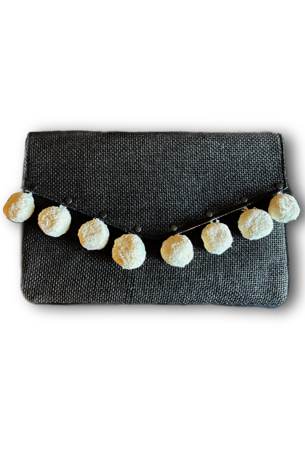Black Linen Pompom Clutch Crossbody Bag