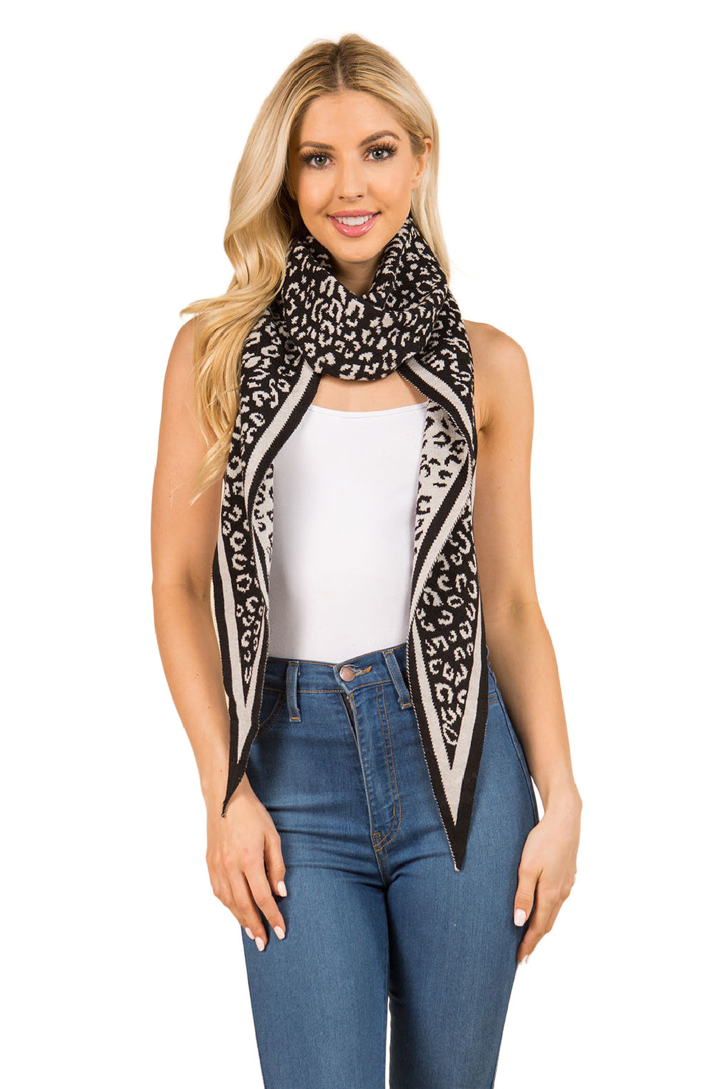 Reversible Black and White Animal Print Knit Scarf