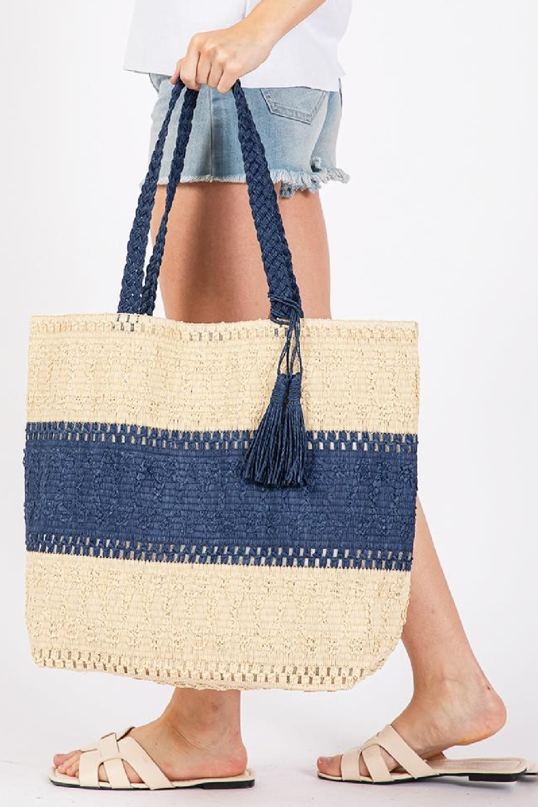 Color Block Straw Tote Bag