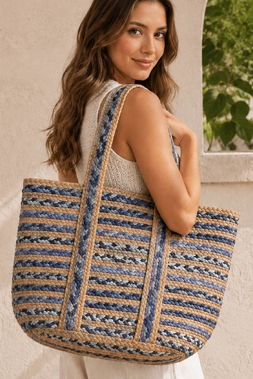 Braided Denim and Jute Tote Bag