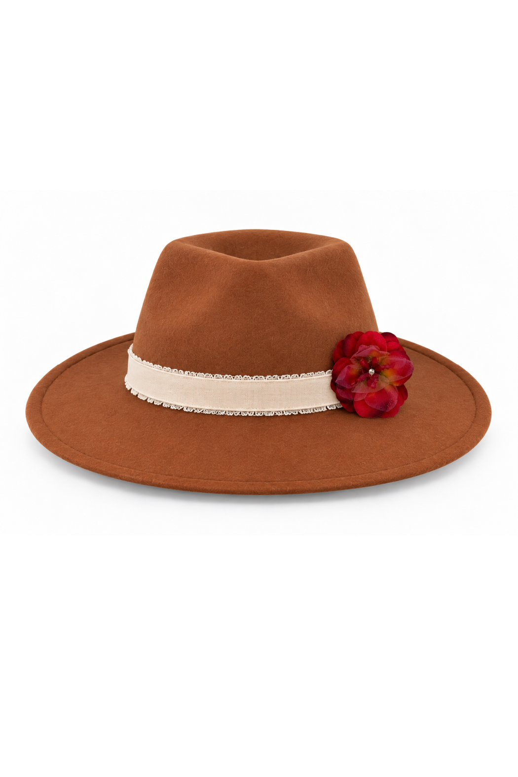Classic fedora hat in brown with ivory band and burgundy fabric flower detail