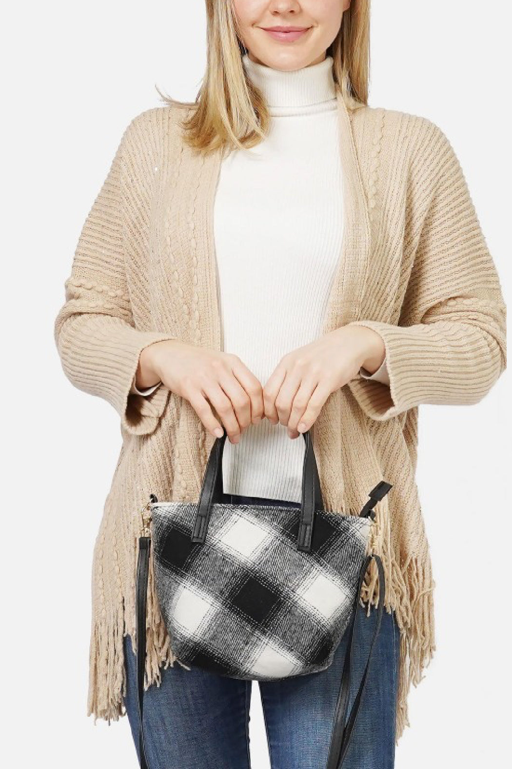 Buffalo Plaid Satchel with Shoulder Strap Bag