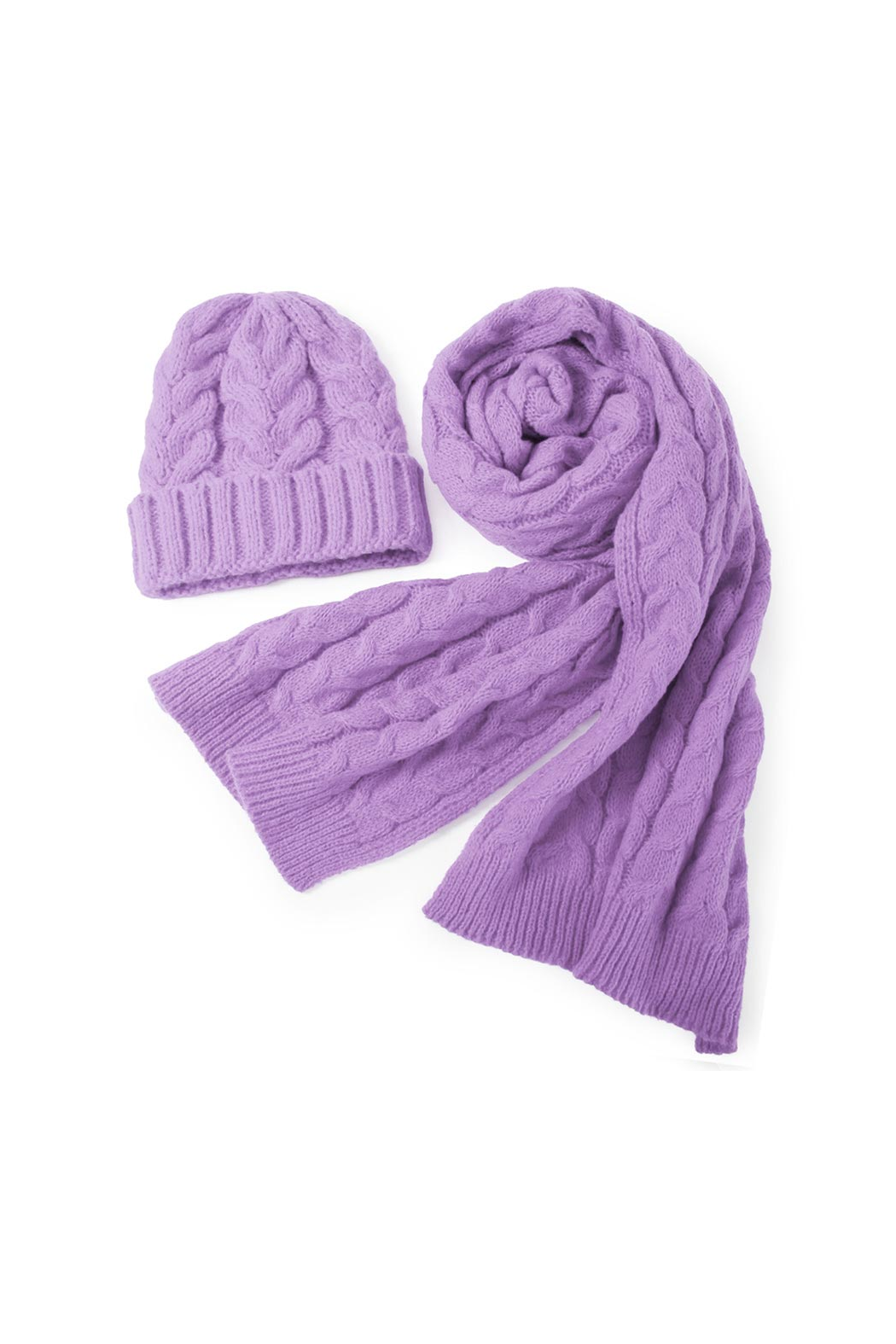 lavender cable knit scarf and beanie set