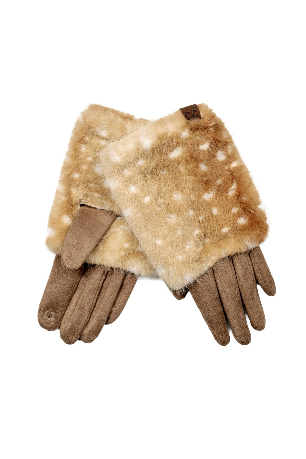 Beige faux fur maxi gloves with dotted pattern and brown knit cuffs
