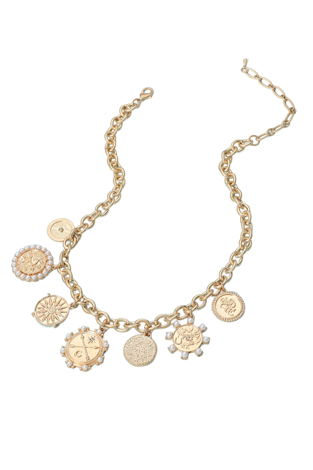 Coin and Pearl 7 Charm Necklace