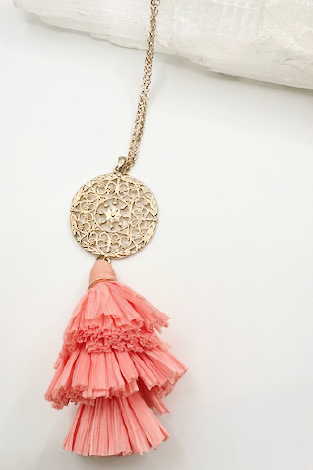 Coral Raffia Tassel Necklace