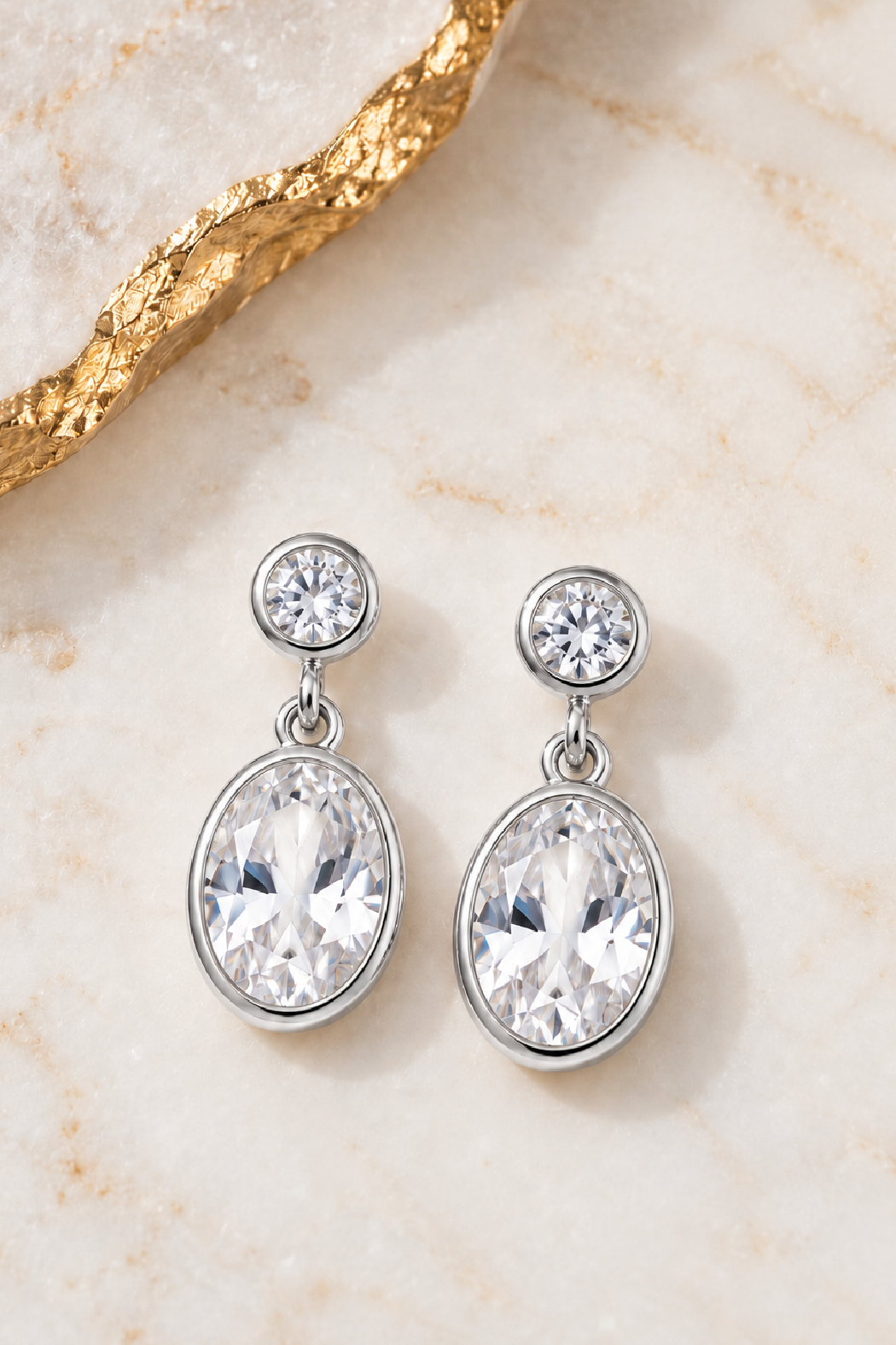 Silver oval CZ drop earrings with round stud and larger oval dangling crystal