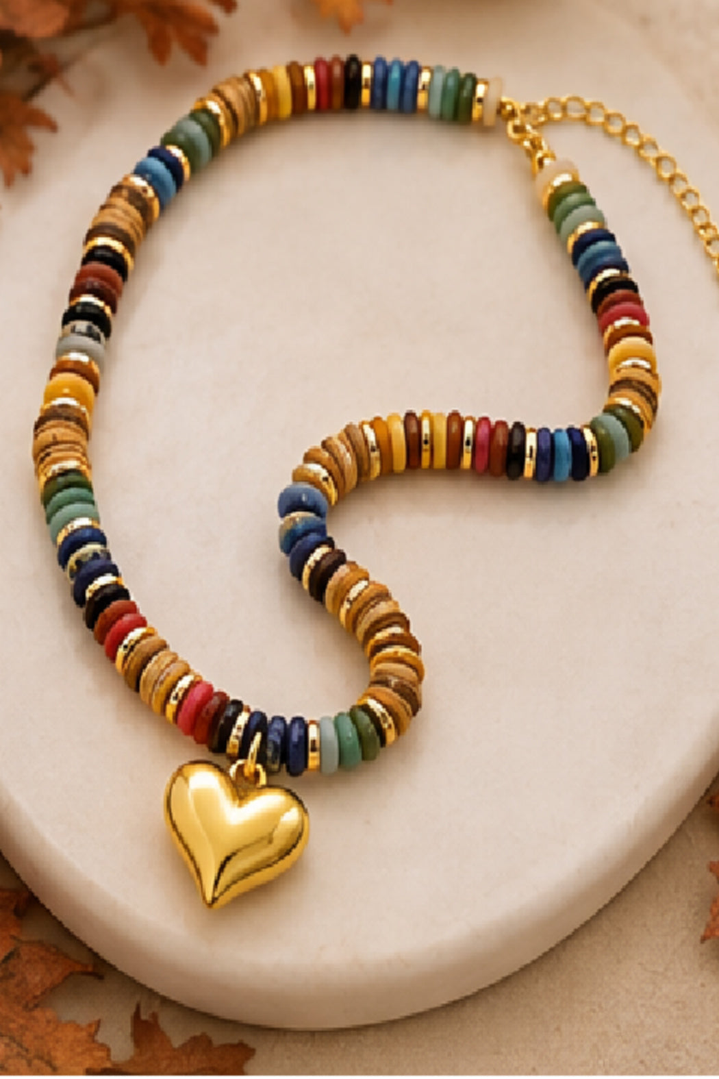 Heart pendant necklace with multicolor disk beads and gold link chain