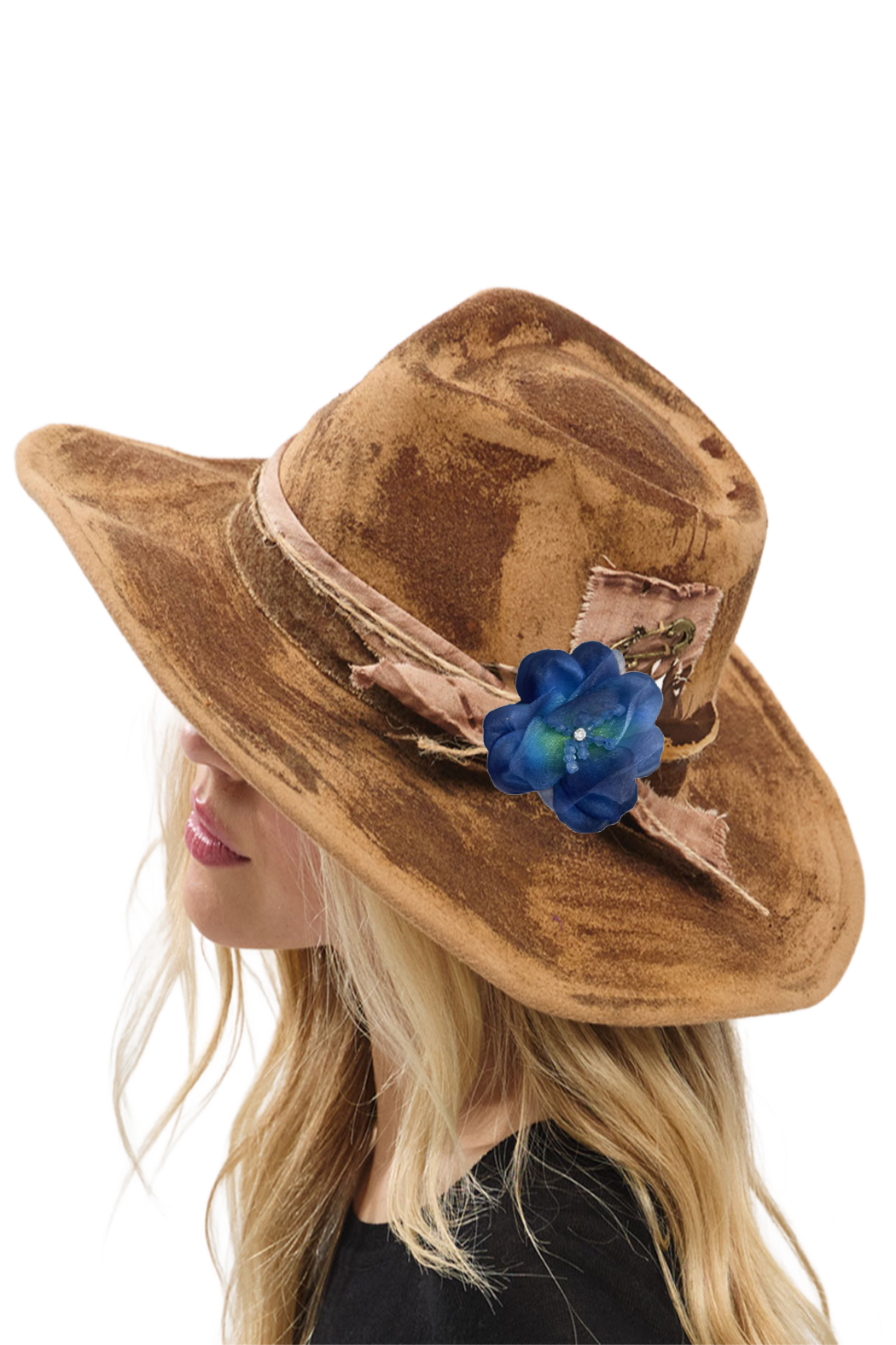 Distressed brown fedora hat with blue flower accent and stitched hatband