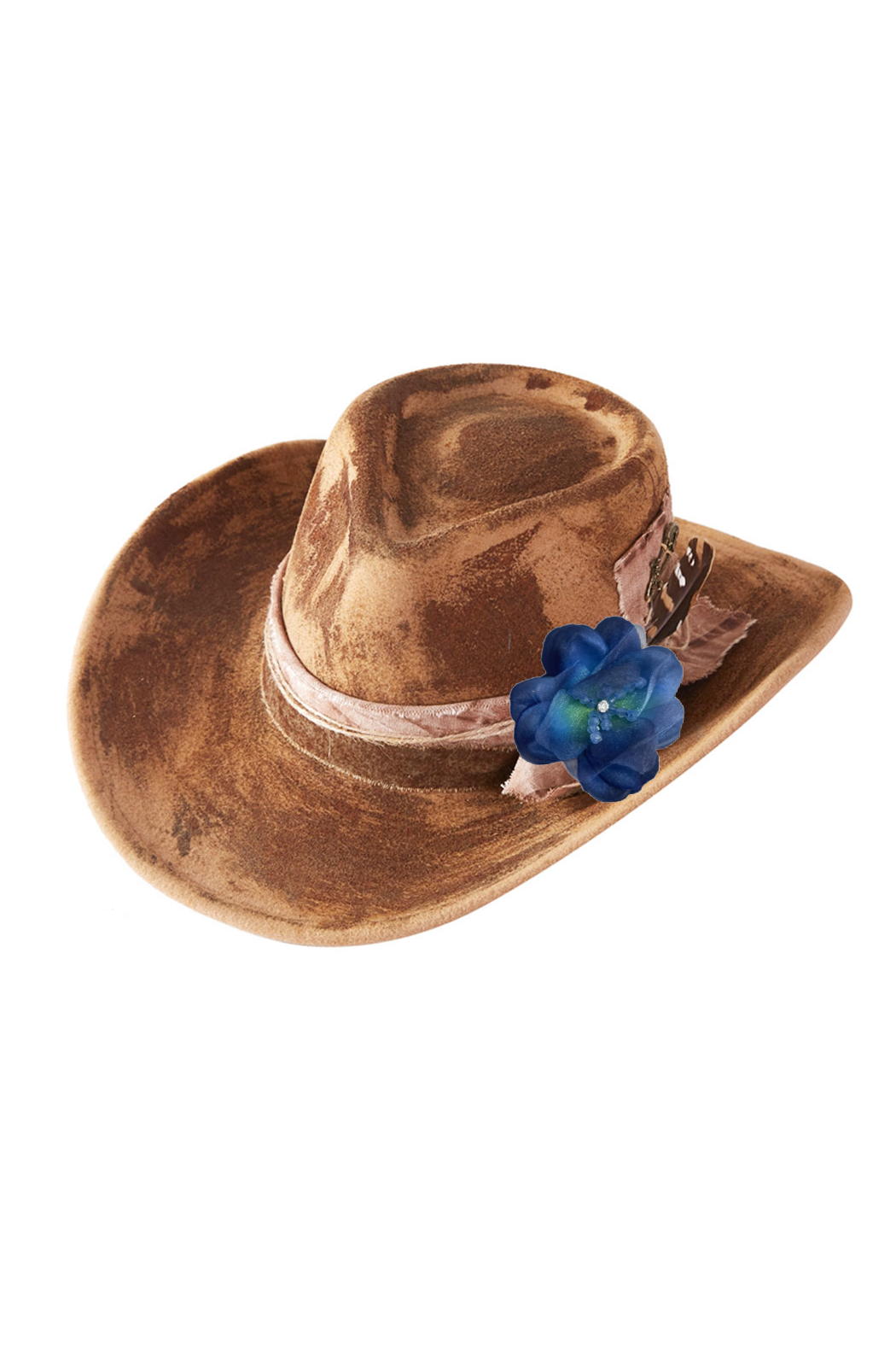 Distressed brown fedora hat, blue flower on side, wide brim