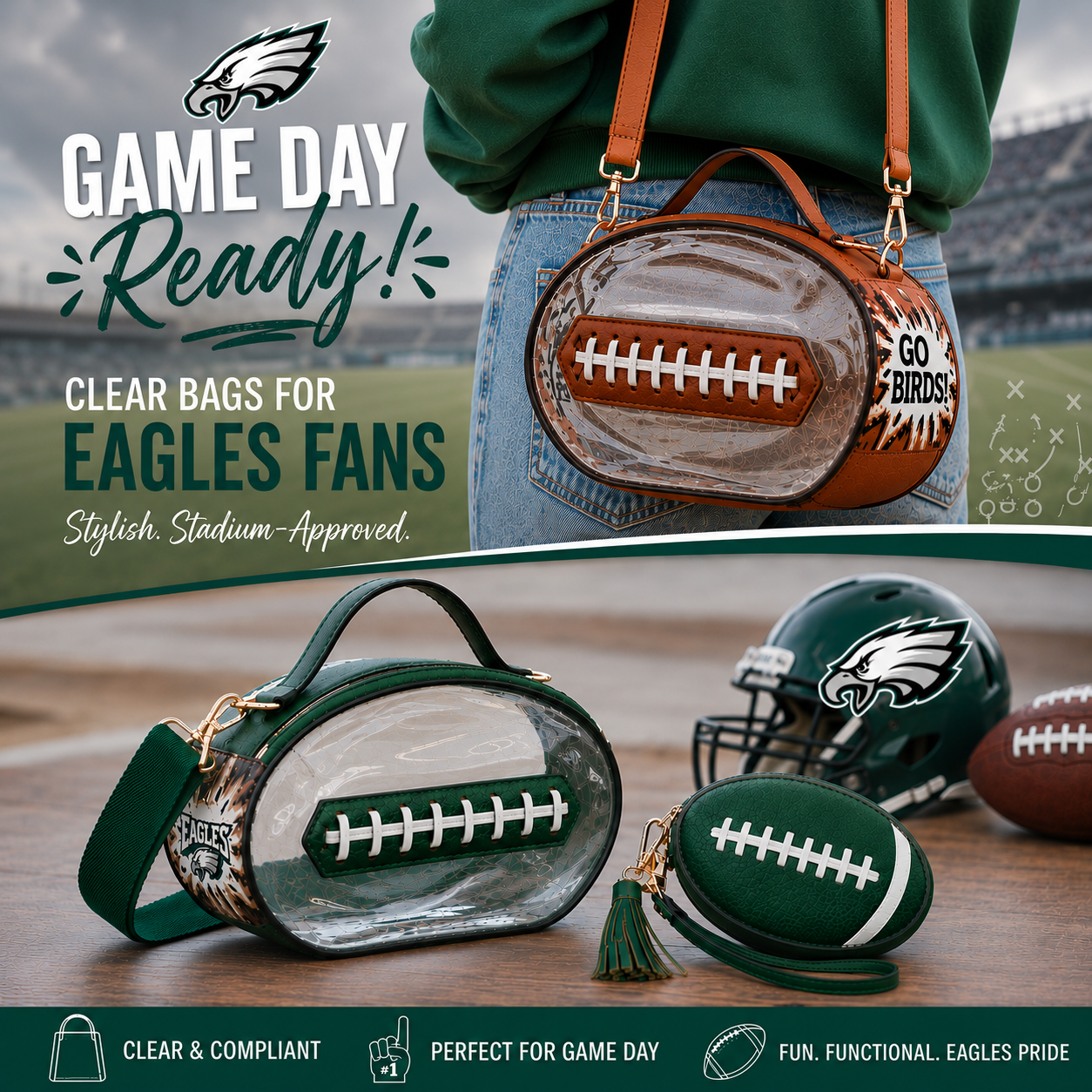 Hand Painted Transparent Philadelphia Eagles Crossbody Bag