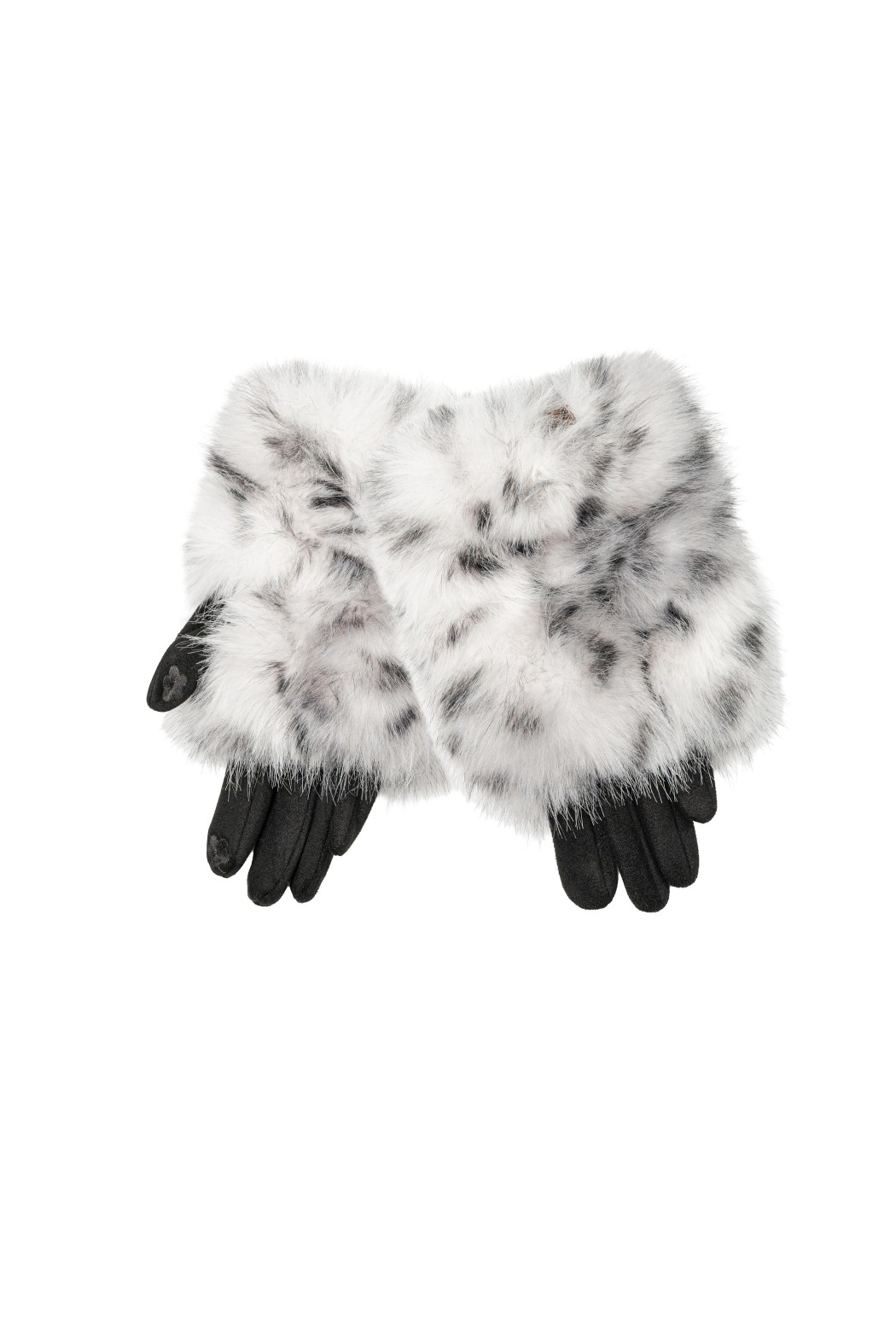 Light faux fur maxi gloves with black speckled pattern and dark knit cuffs