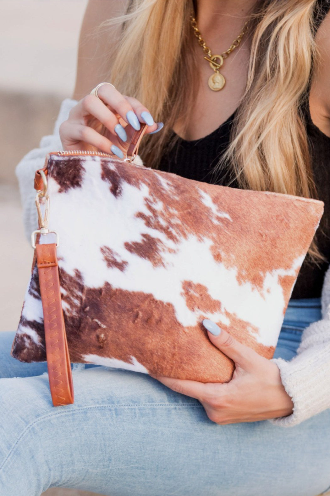 Faux Fur Cow Pattern Wristlet