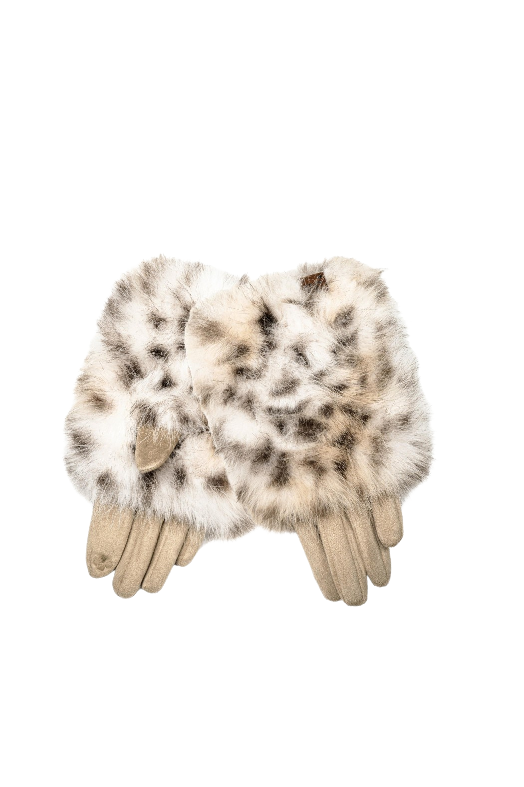Beige faux fur maxi gloves with dark speckled pattern and suede cuffs
