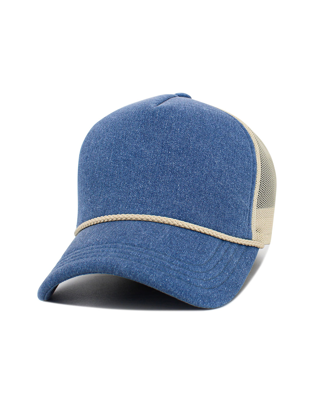 Blue denim foam-padded trucker baseball cap with braided trim and mesh side panels