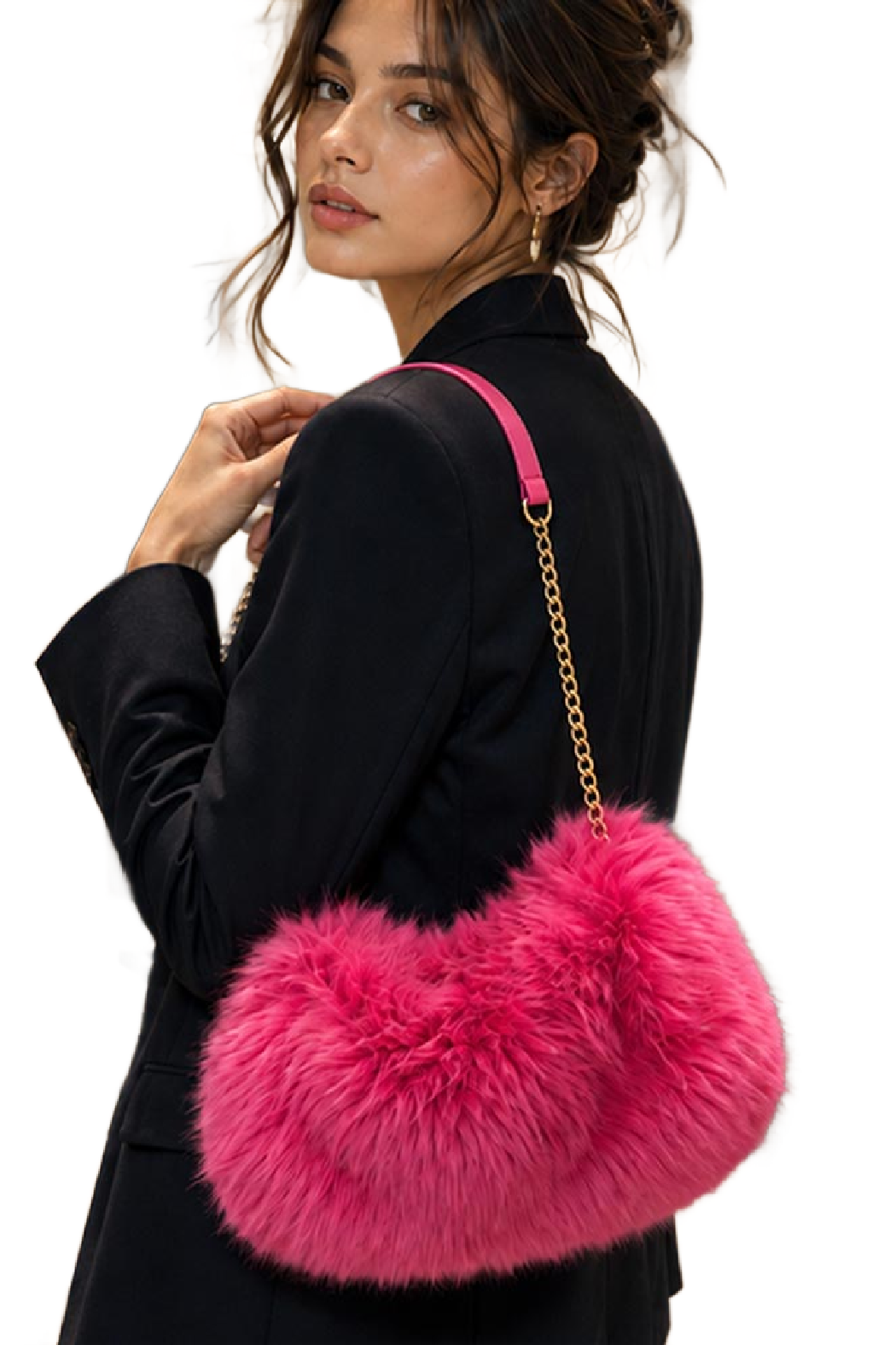 Faux fur shoulder bag with gold chain strap, fuchsia pink half-moon bag