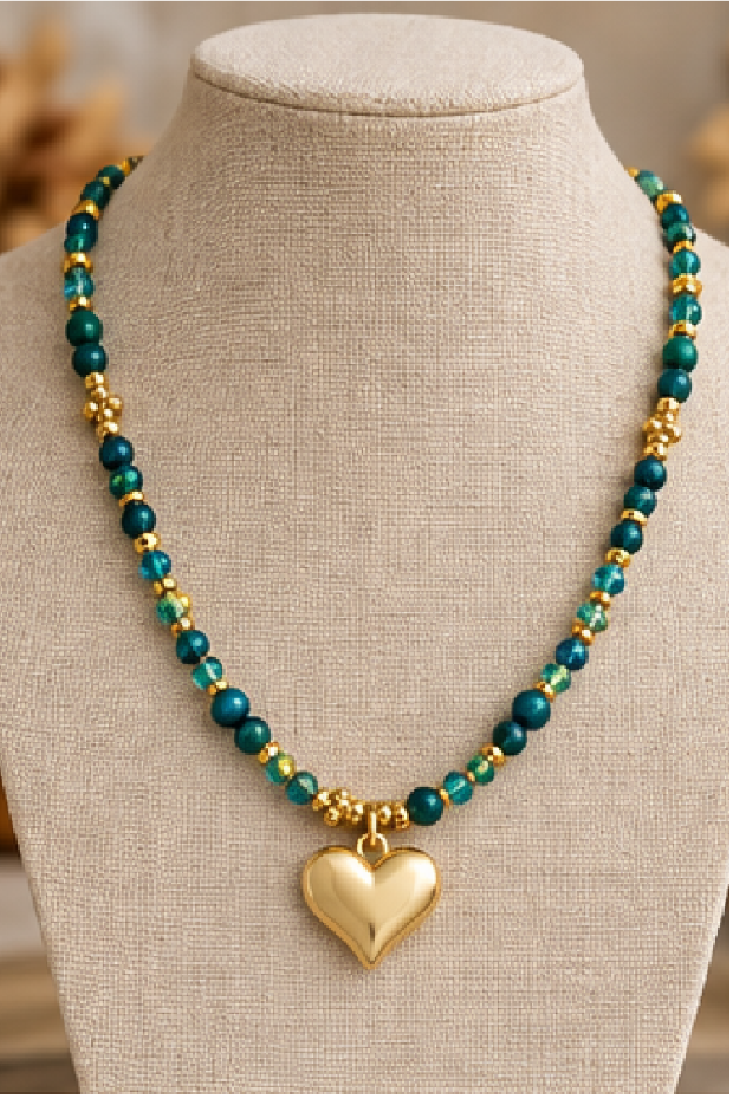 Gold heart pendant necklace with blue-green aventurine beads and gold links
