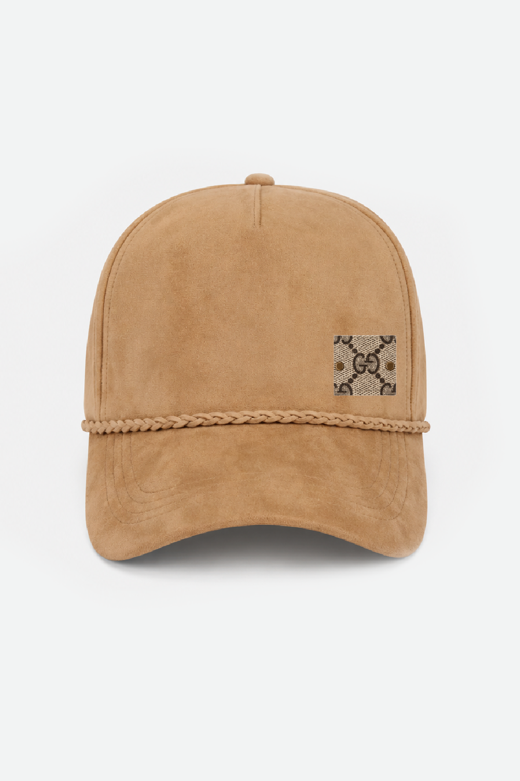 Camel suede baseball cap with woven rope trim and GG logo patch