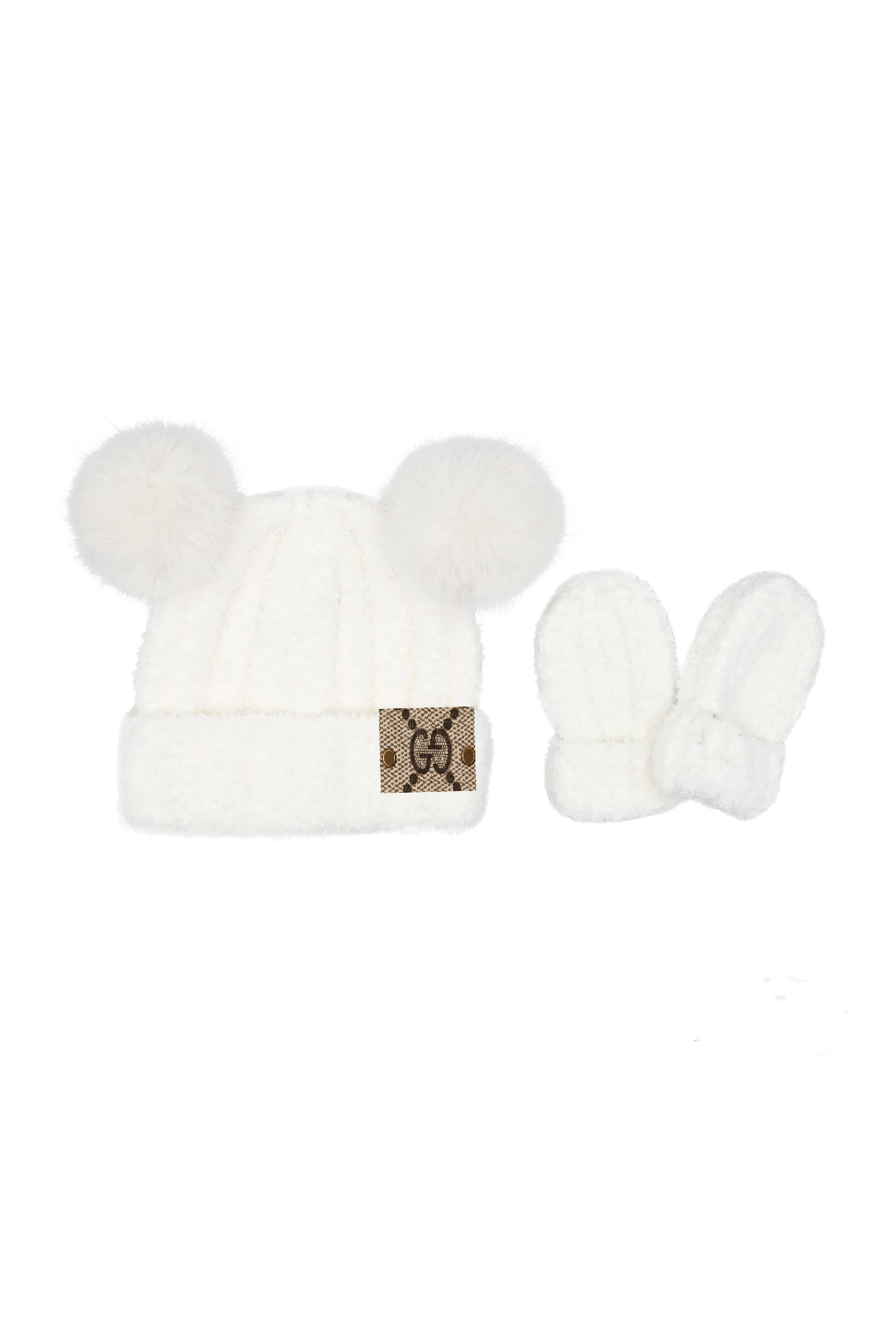 Upcycled GG 2 Pom Baby Beanie and Mittens Set