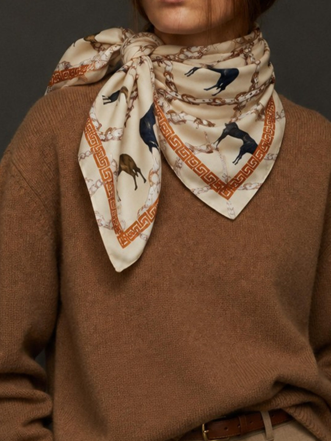Ivory horse-print scarf with Greek key border and dark trim