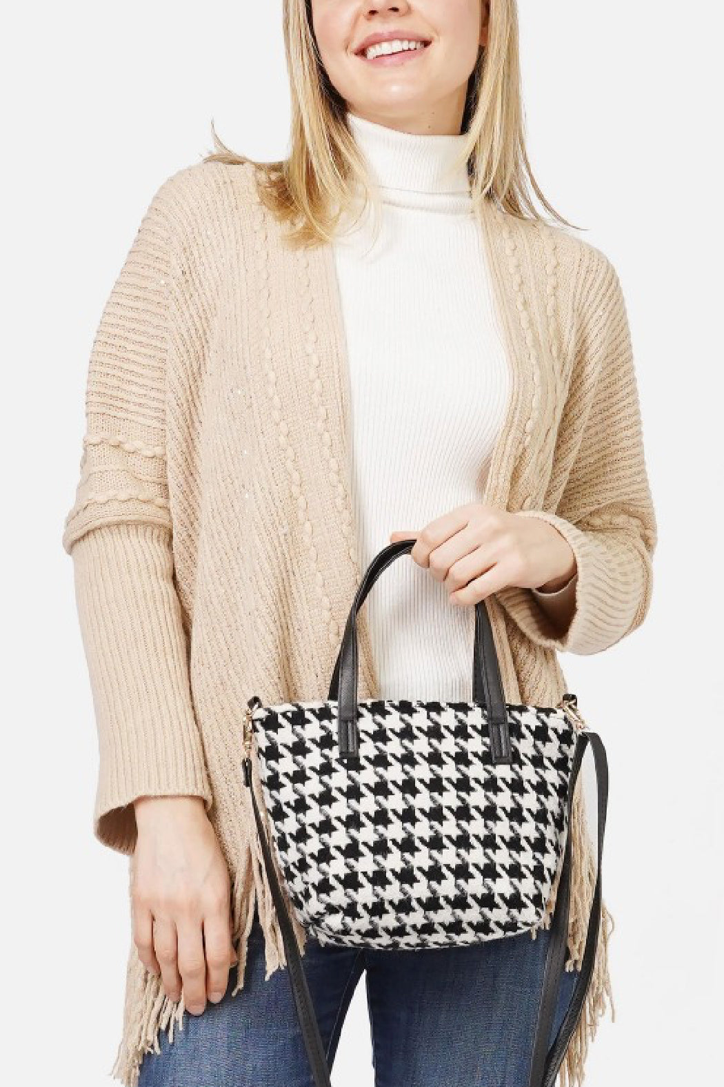 Houndstooth Satchel with Shoulder Strap Bag