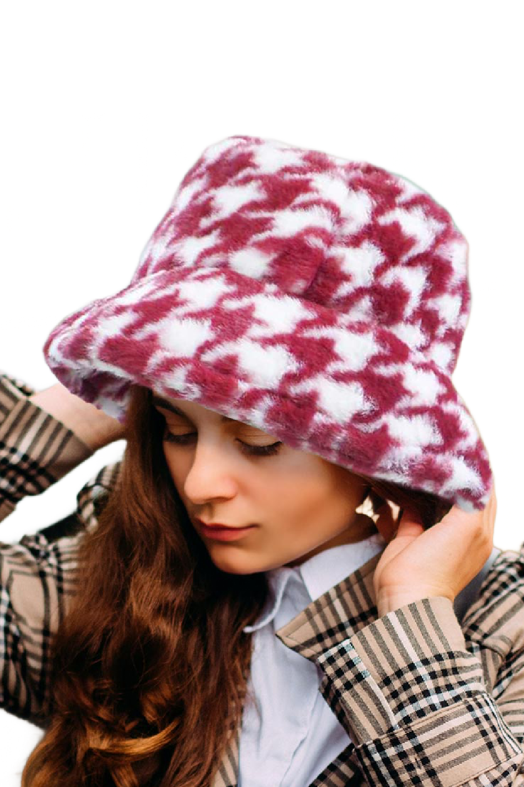 Houndstooth Faux Fur Bucket Hat