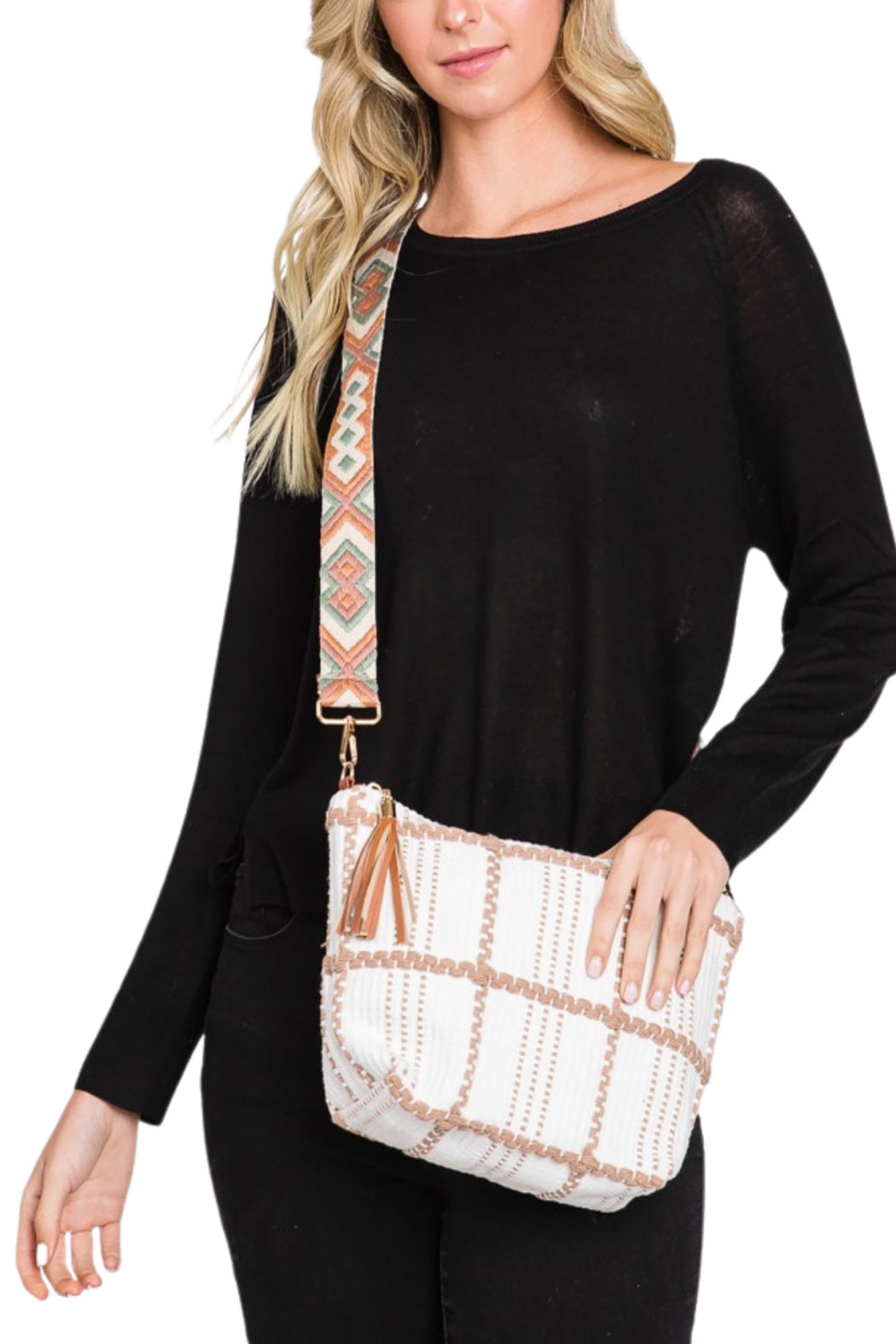Embroidered Removable Strap Window Pane Crossbody Bag