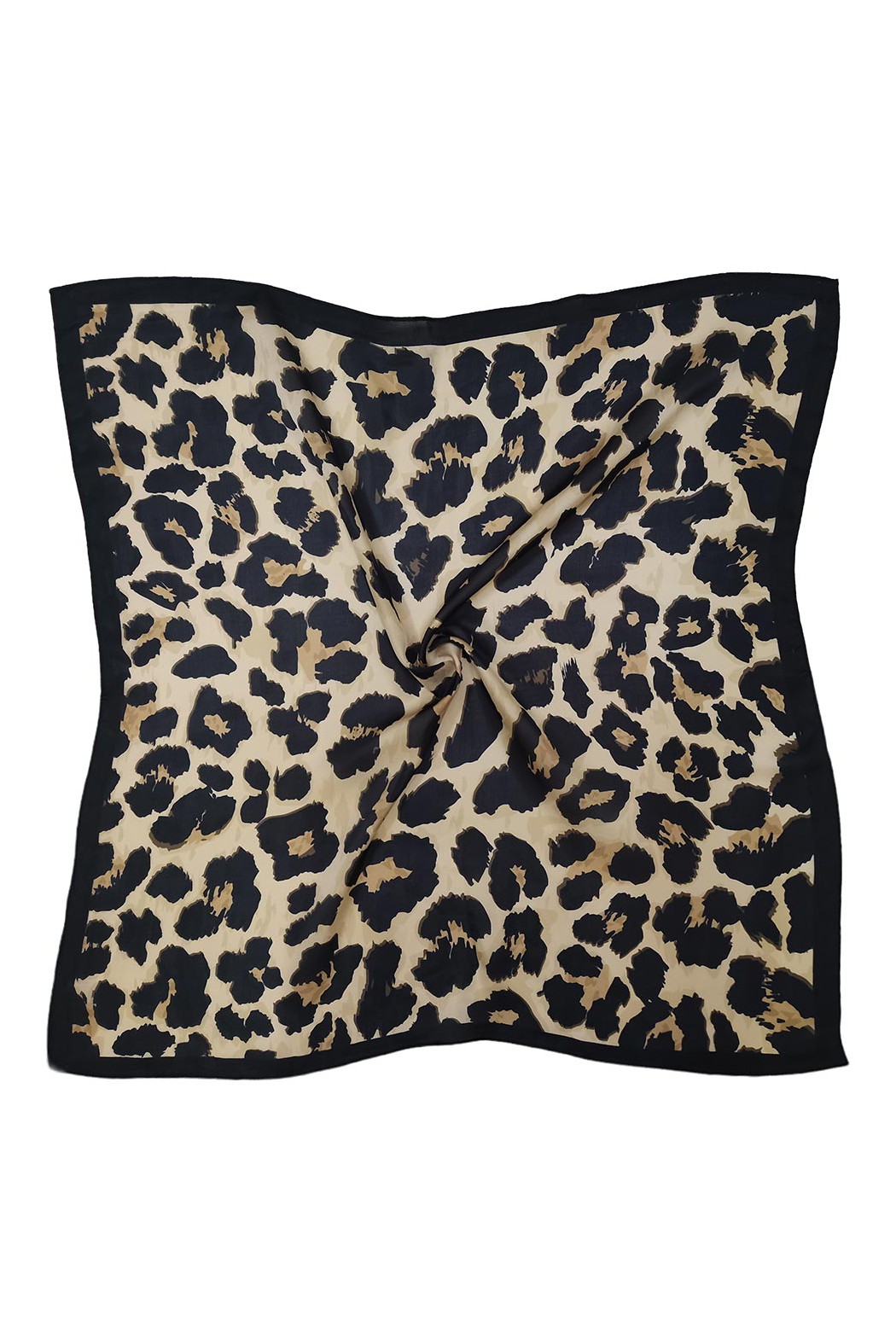 Square leopard-print scarf with black border, gathered at the center