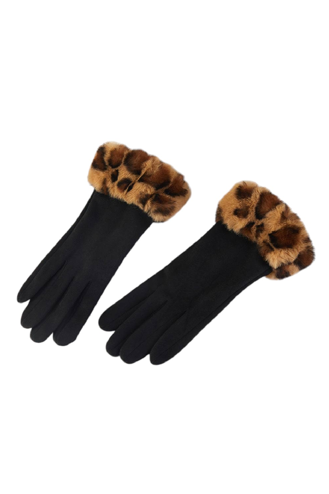 Black faux fur cuff leopard-print texting gloves with touchscreen fingertips