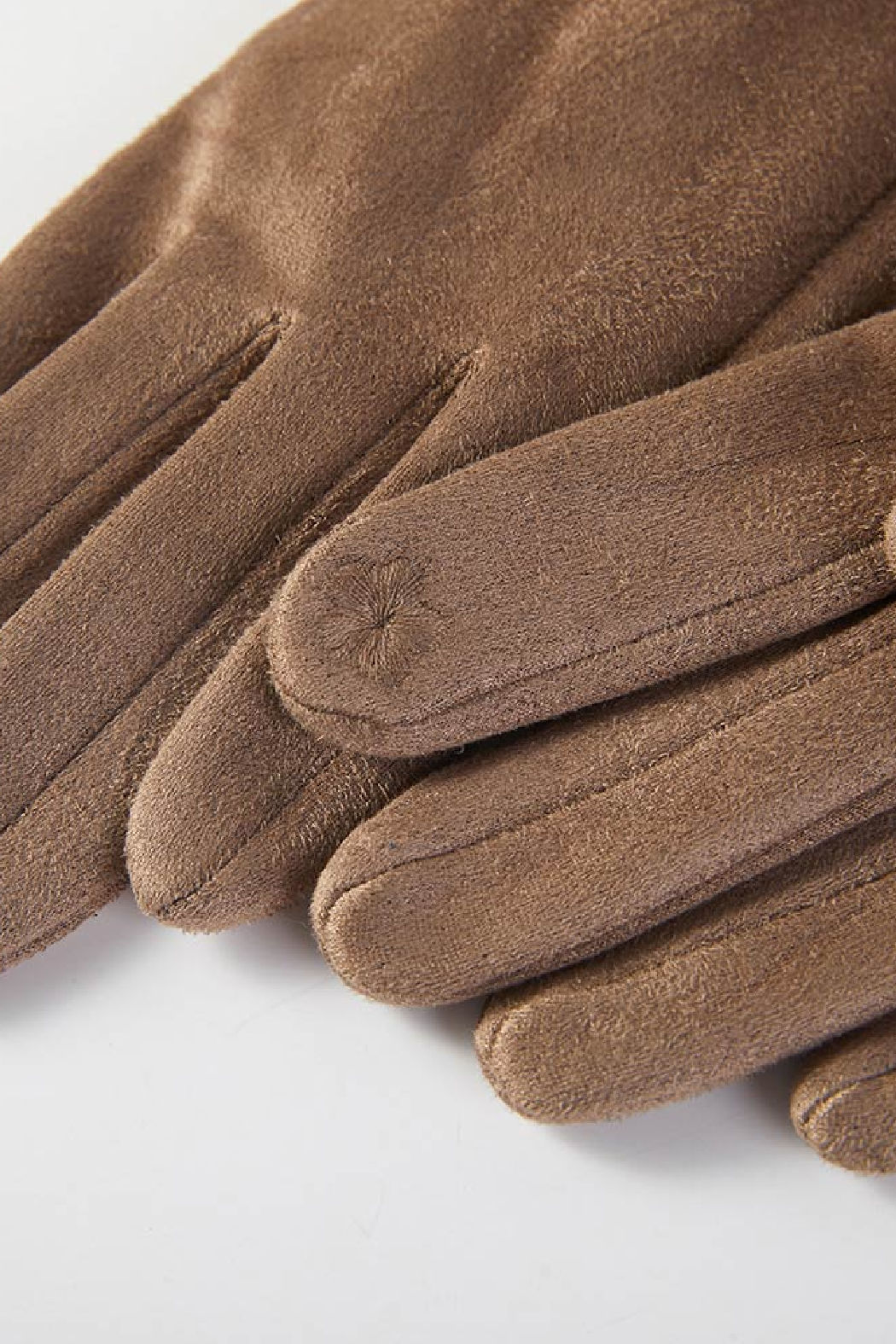 Camel suede-style texting gloves with stitched finger seams and soft faux fur cuff