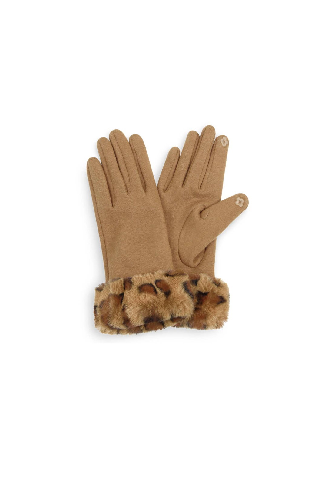 Camel faux fur cuff leopard-print texting gloves, open palm view