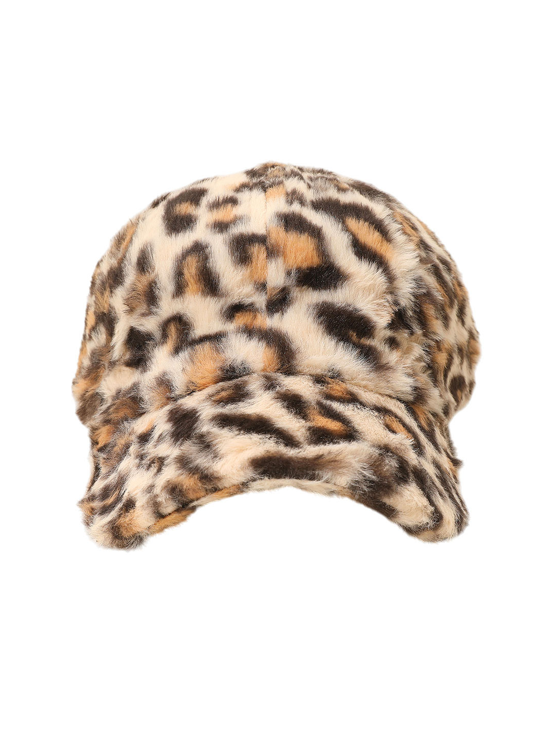 Light leopard faux fur baseball cap with black-and-tan spots and curved brim