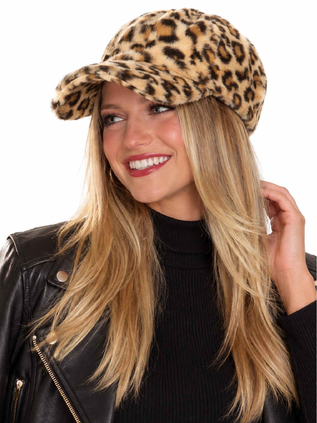 Leopard faux fur baseball cap with curved brim and earmuff-style side coverage