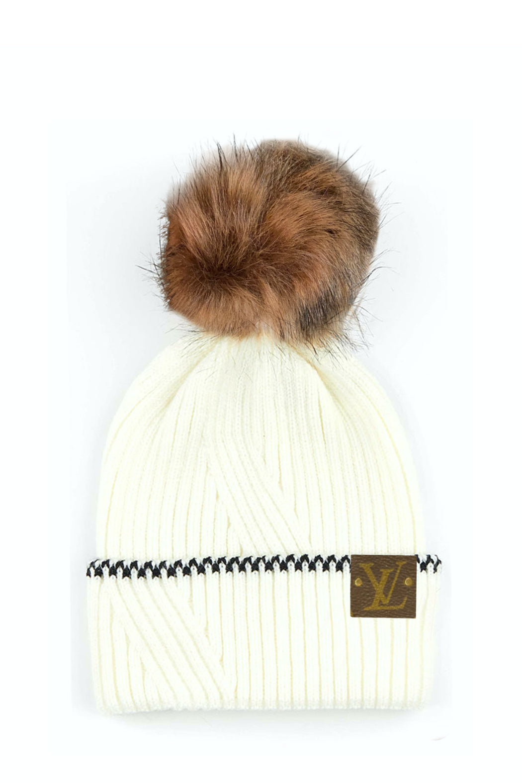 Upcycled Ivory Faux Fur Pom Beanie