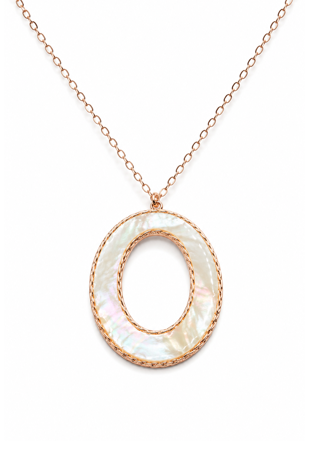 Oval mother-of-pearl pendant necklace with rose-gold chain