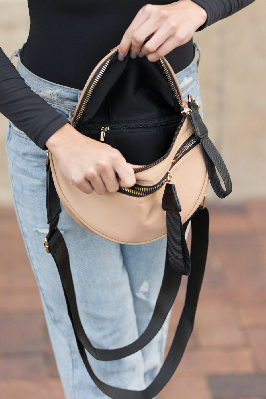 Double Zip Half Moon Sling Bag