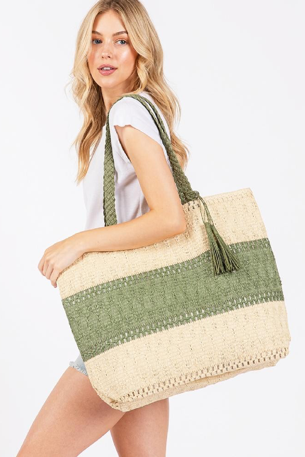 Color Block Straw Tote Bag