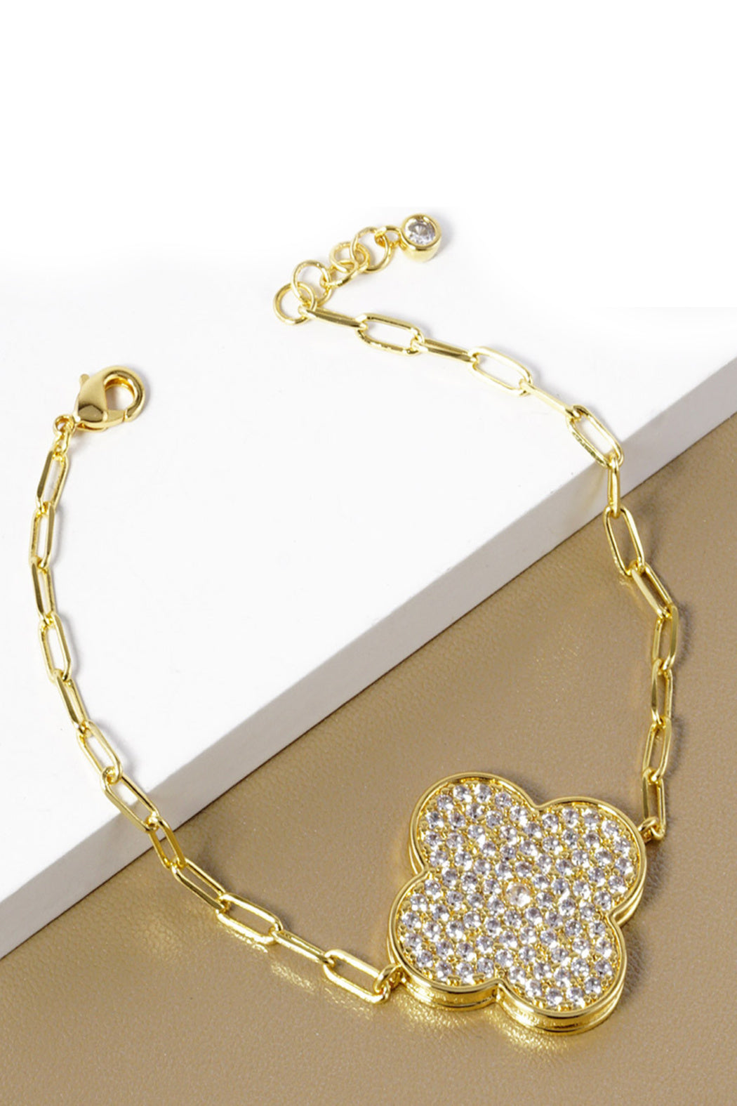 Pave Clover Paperclip Chain Bracelet