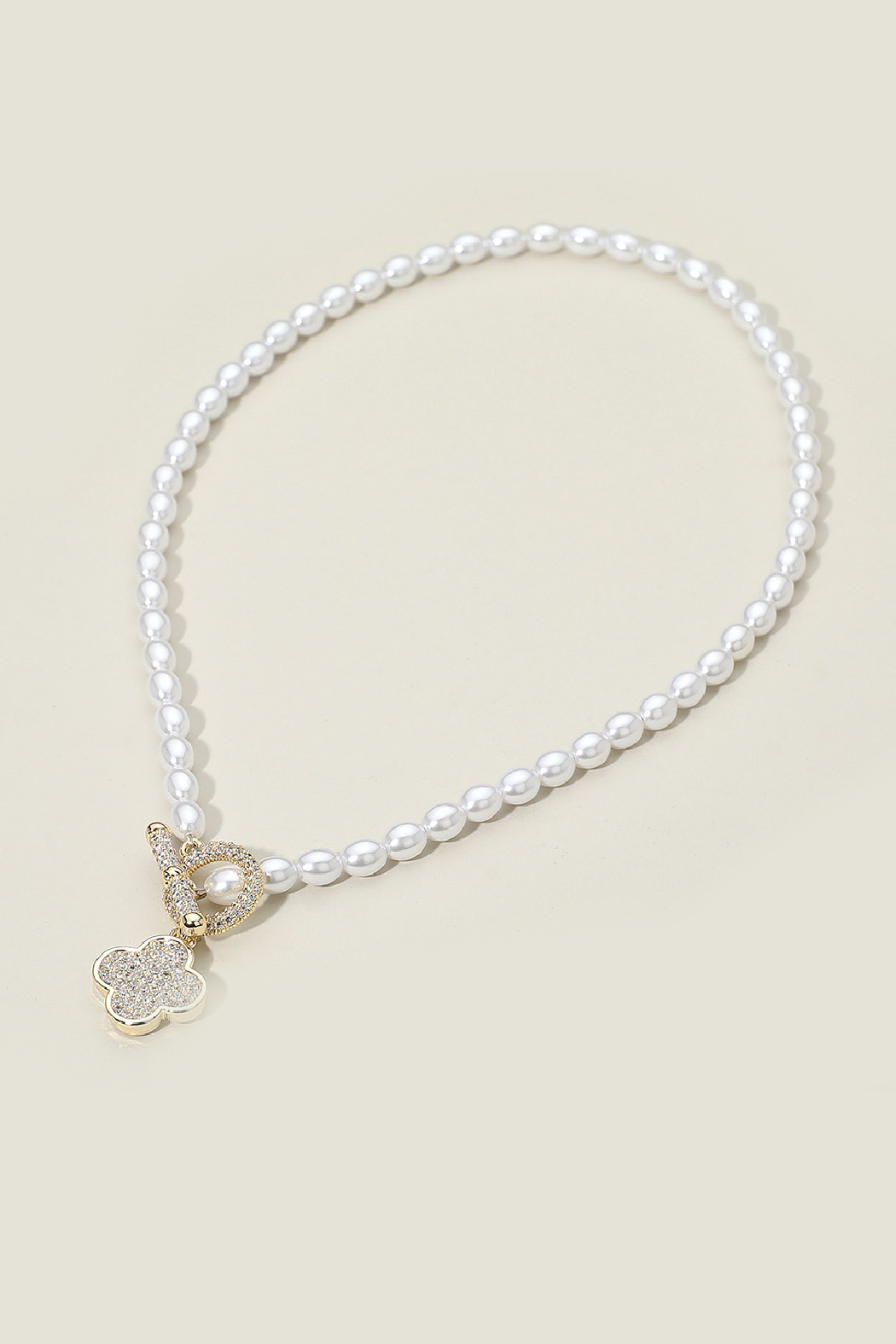 Gold Plated Pearl Pave Clover Necklace