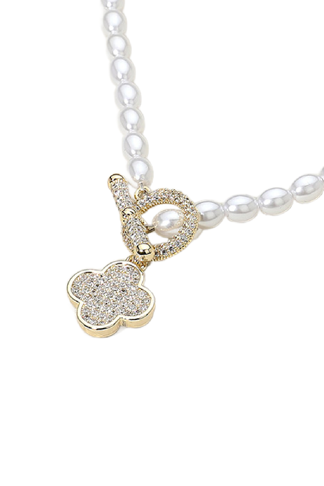 Gold Plated Pearl Pave Clover Necklace