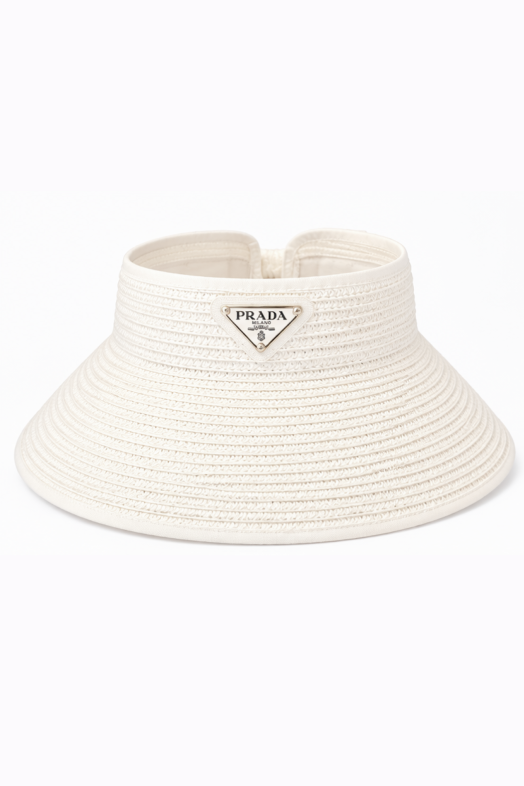 Cream straw sun visor with PRADA triangle logo patch, curved brim